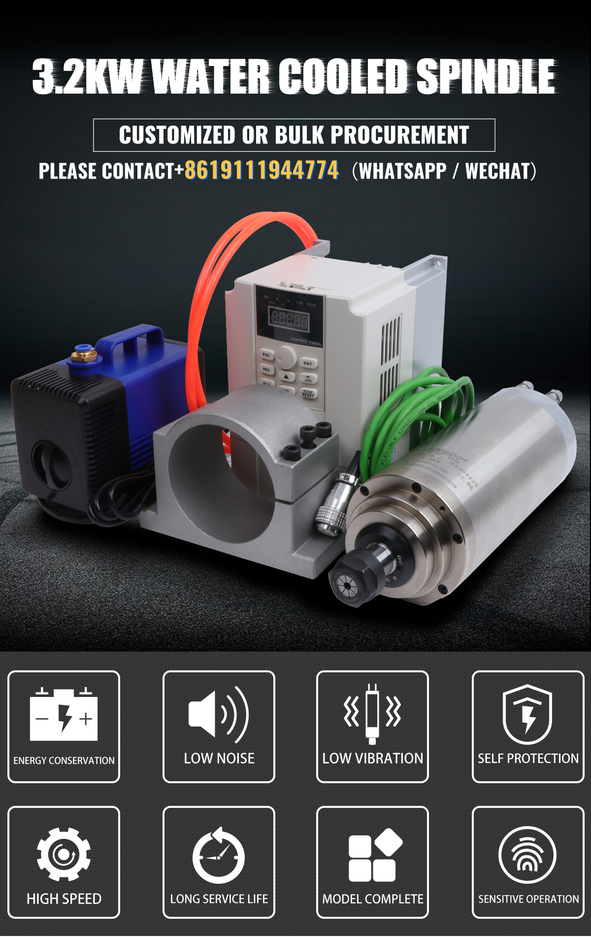 3.2kw ER20 220v/380v Water cooled spindle Wood working D100mm With inverter cnc spindle motor