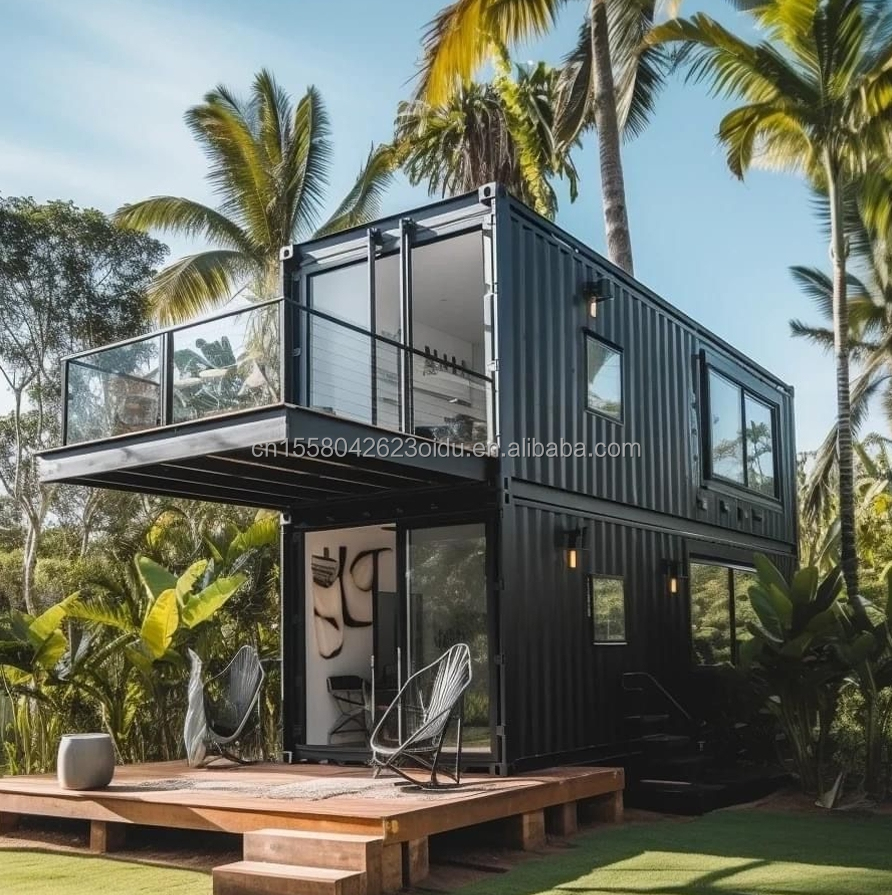 Residential 20ft Prefab Container House with Glass Wall Office Villa and Two-Storey Flat Pack Assembly