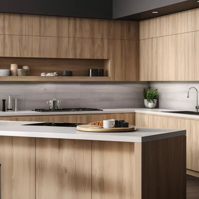 FANIAO Modern Designs Villa Wood Grain Complete Sets Kitchen Cabinet Solid Wood Kitchen Cabinet