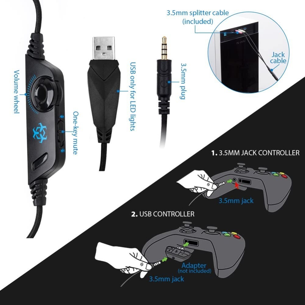 Hunterspider V2 3.5mm Gaming Headset with Mic Stereo USB LED Headphones for PS4 XBOX One PC Laptop Mac