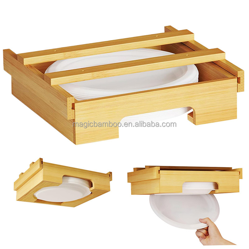 Bamboo Kitchen Party Organizer Utensil Caddy Paper Plate and Napkin Cabinet Dispenser