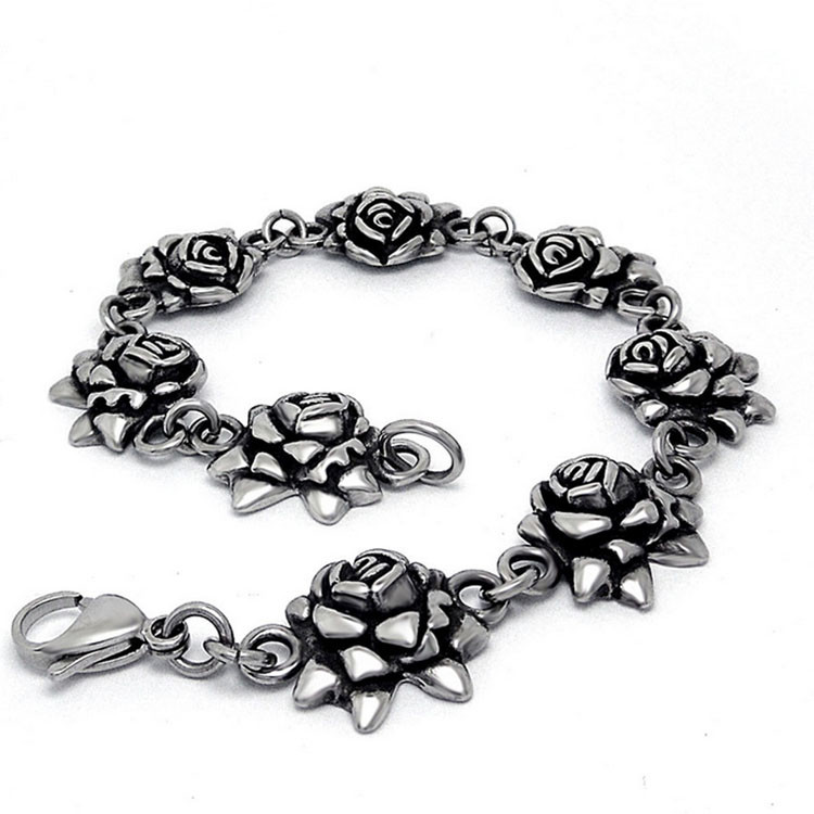 925 Silver Plated Titanium Stainless Steel Vintage Old Rose Link Bracelet (CE123)