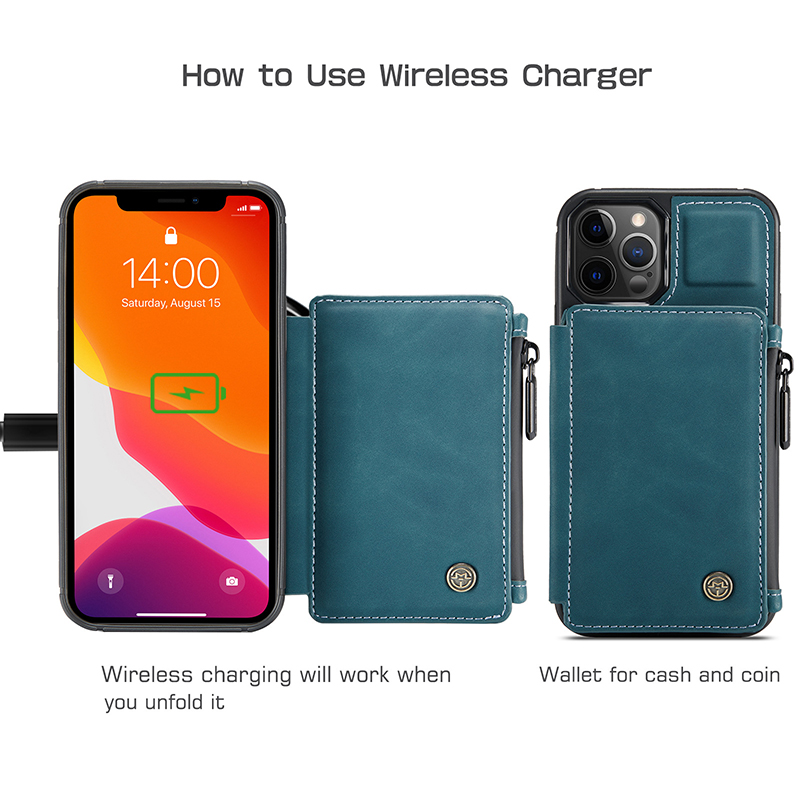 PU Leather Wallet Cover for iPhone 14 15 Pro Max Zipper and Card Slot Closure