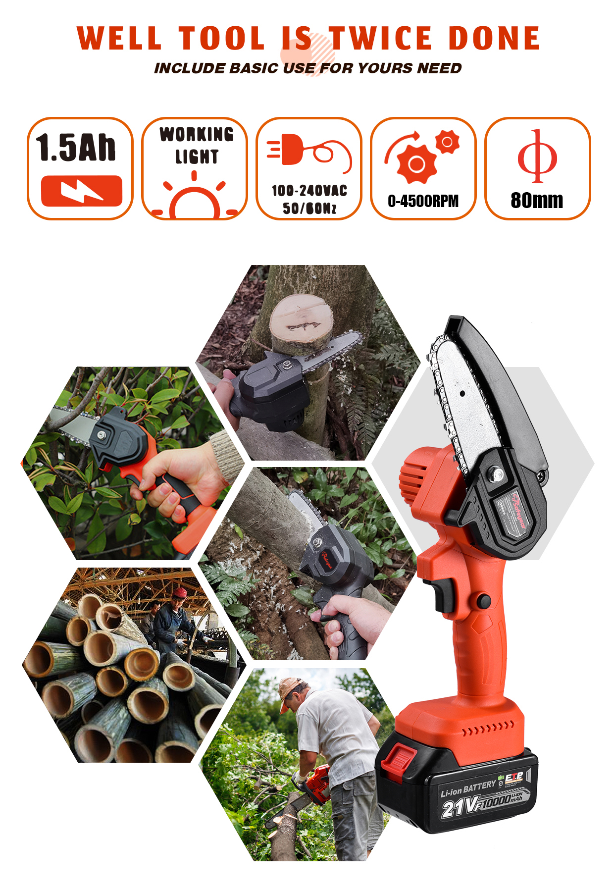 21V Wood Tile Battery Powered Circular Saw Cordless Saw Tools 1300mAH Lithium Battery