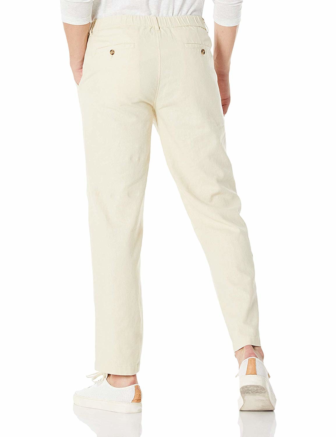 Drawstring Cropped Cotton Mens Casual Linen Pants Loose Leg Breathable