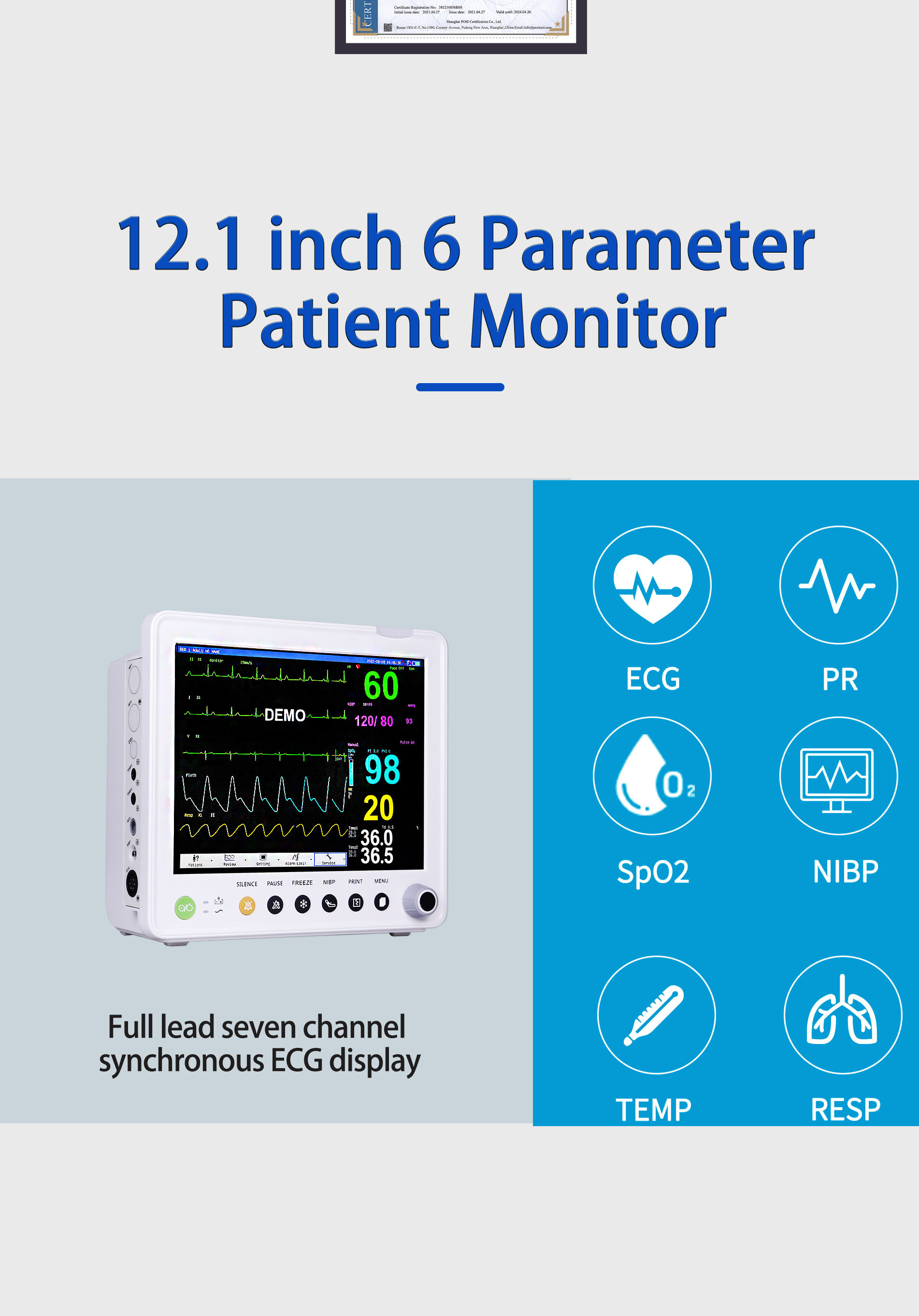 Vital Signs Monitoring Uninterrupted Bedside Monitor​ 12 Inch