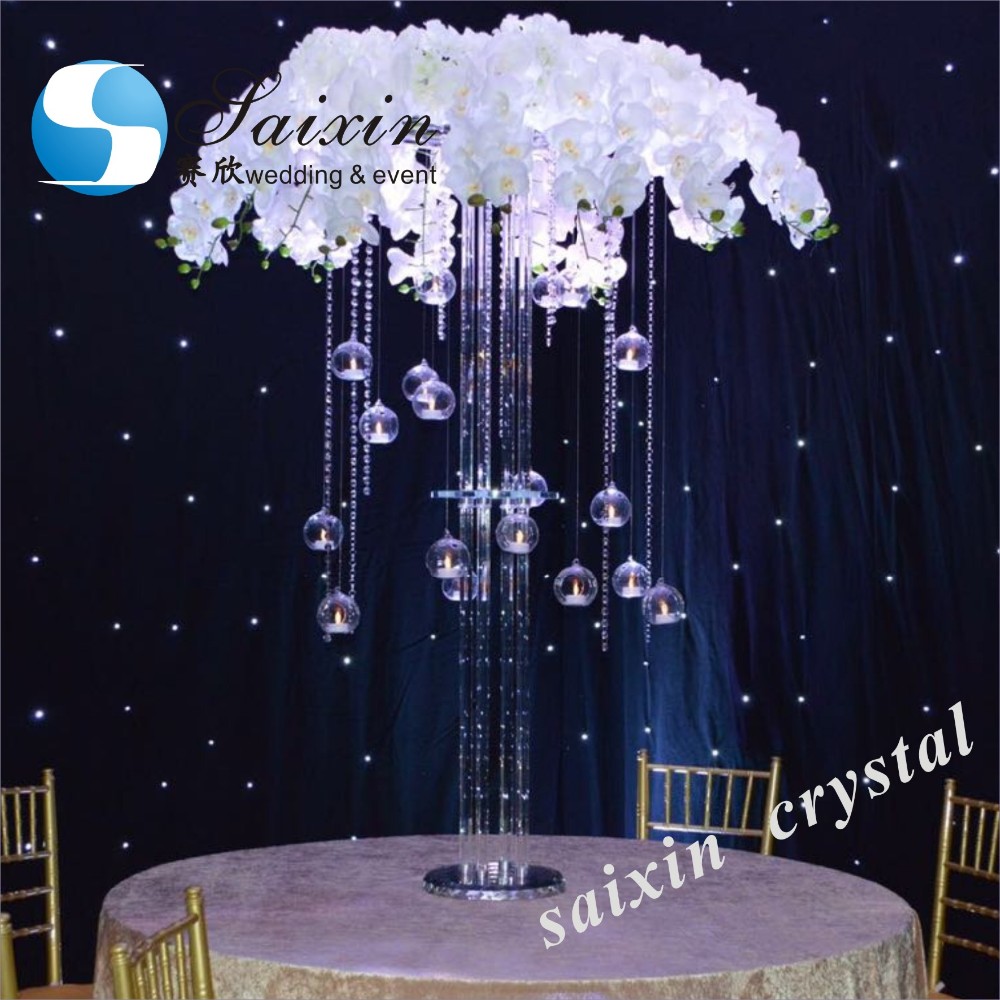 1.8m large shiny gold metal flower stand with battery working crystal chandeliers for wedding table decoration