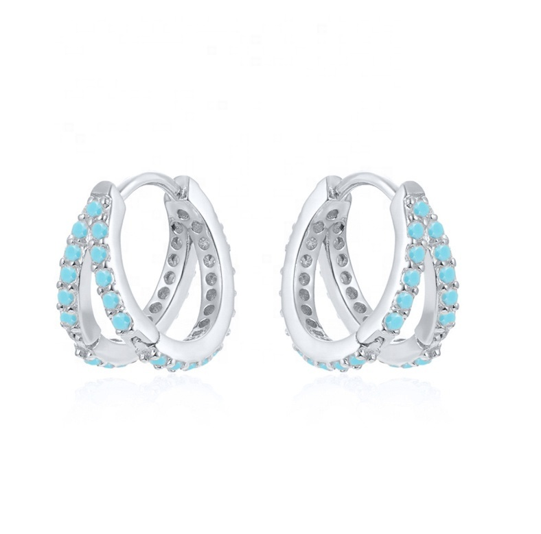 Rhodium Plating Double Turquoise 925 Sterling Silver Cubic Zirconia Earring for Women