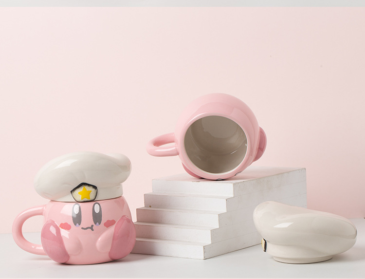 Cute Pink Cartoon Chef Kirby Ceramic Mug Navy Hat 3D Ceramic Coffee Mug for Christmas Holiday Gift
