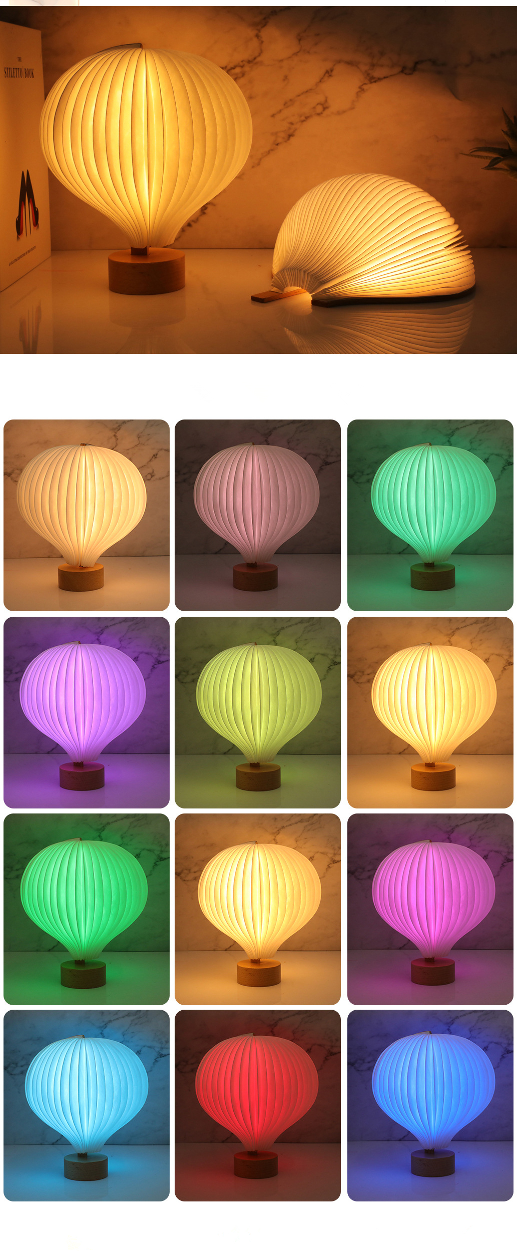 Bedside Real Wood Table Lamp Creative Hot Air Balloon Design Dupont Paper Night Lights Gifts