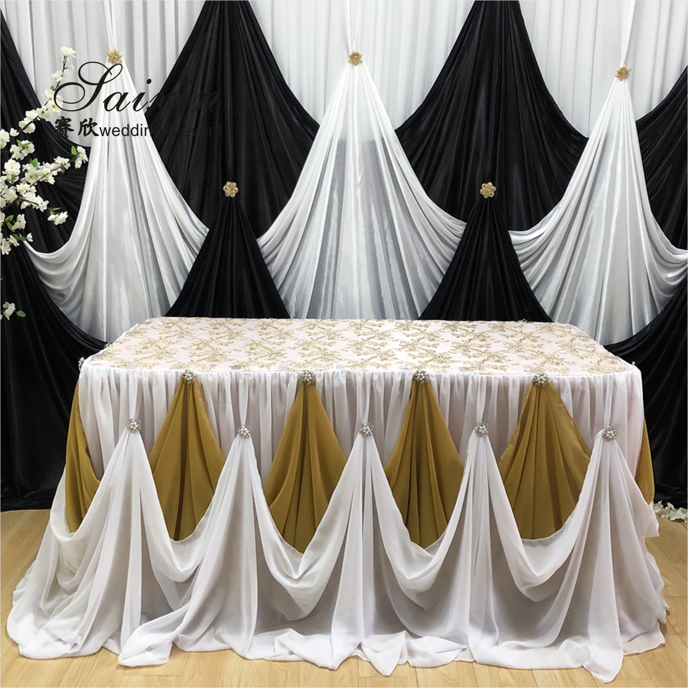 Hot Sale Gorgeous blue silk cloth drape valance curtains with ivory tassel