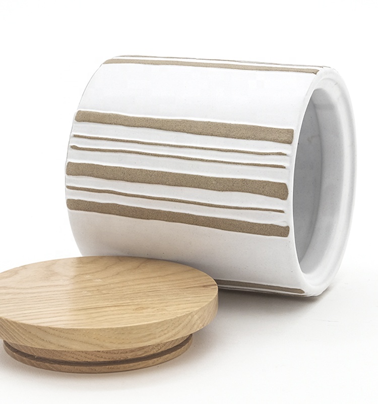 Kitchen Ceramic Coffee Storage Jars Tea Sugar Food Storage Ceramic Canister With Wood Cover