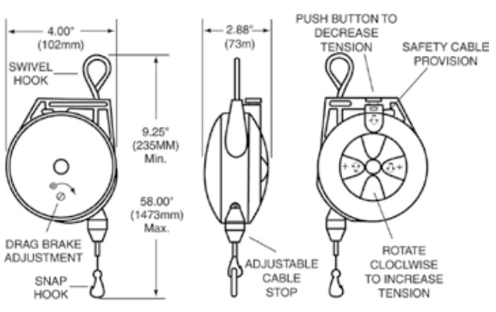 Hose reel Spring Retractable Tool Balancer, 6' feet, Holds 1.5-3.0 lbs, Cable Included reels