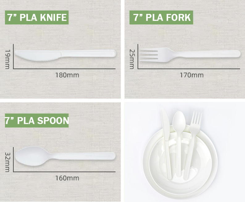 Custom Size CPLA Biodegradable Disposable Cutlery Set Individually Packaged Fork Spoon Knife Compostable