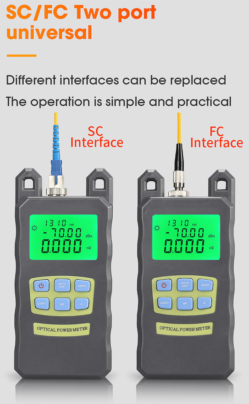 850-1625nm -70dBm +10dBm Handheld Optical Power Meter SC / FC Connector