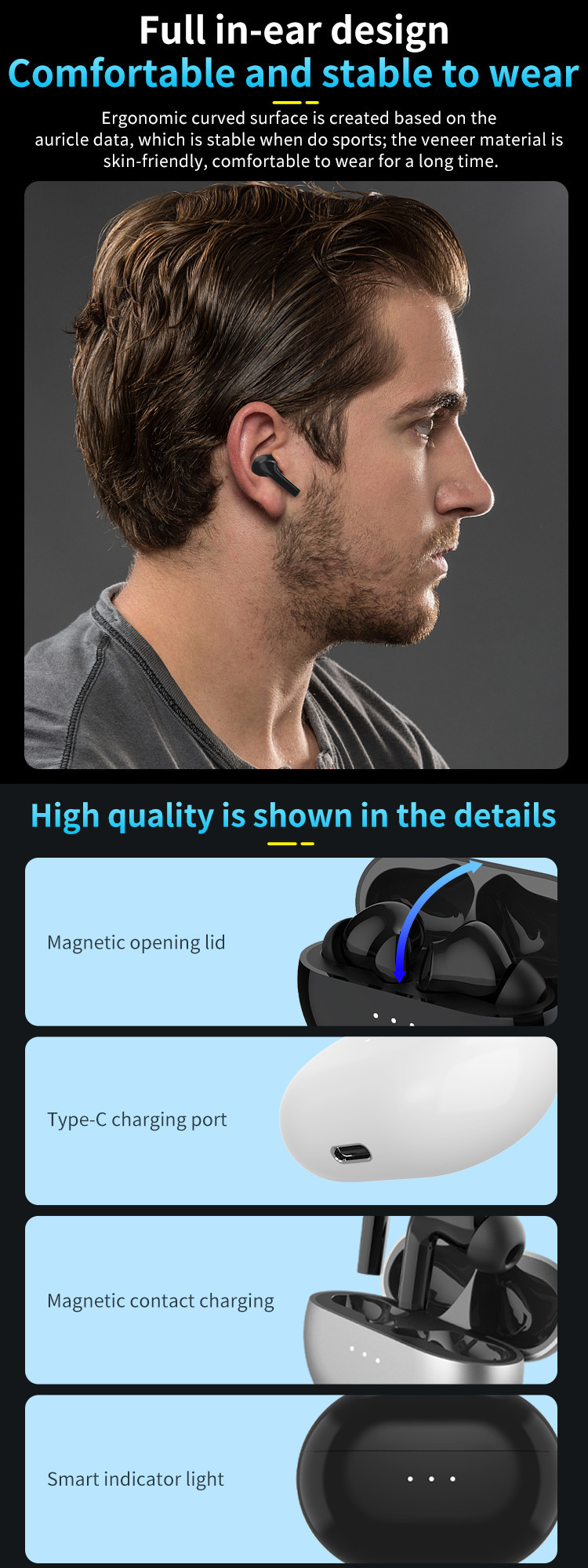 XY-50 TWS Bluetooth Earphone With Charge Case Ear Sensor Earbuds 3 Pairs Free Ear Tips
