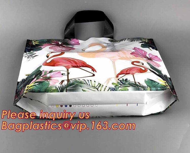 Custom Printed Stand Up Block BottomSoft Loop Handle Plastic Carrier Shopping Bag，Plastic Soft Loop Handle Bag for Shopp