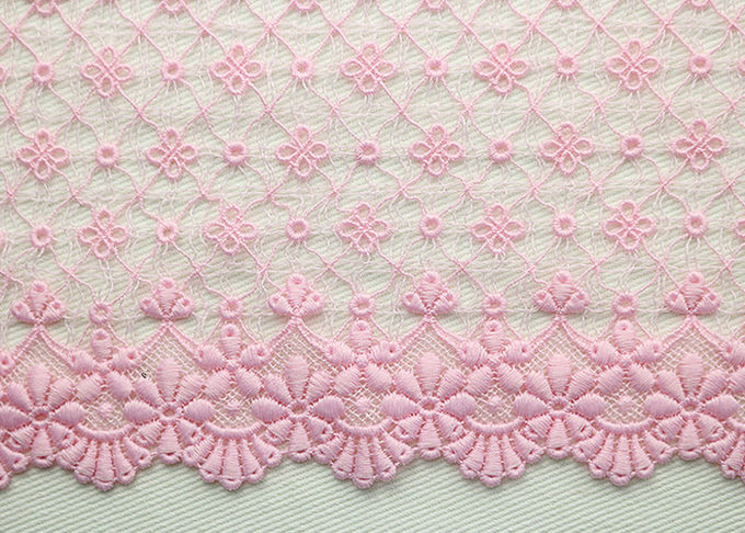 Fashion Pink Floral Embroidered Lace Trim With Chemical Poly Milk Silk For Women