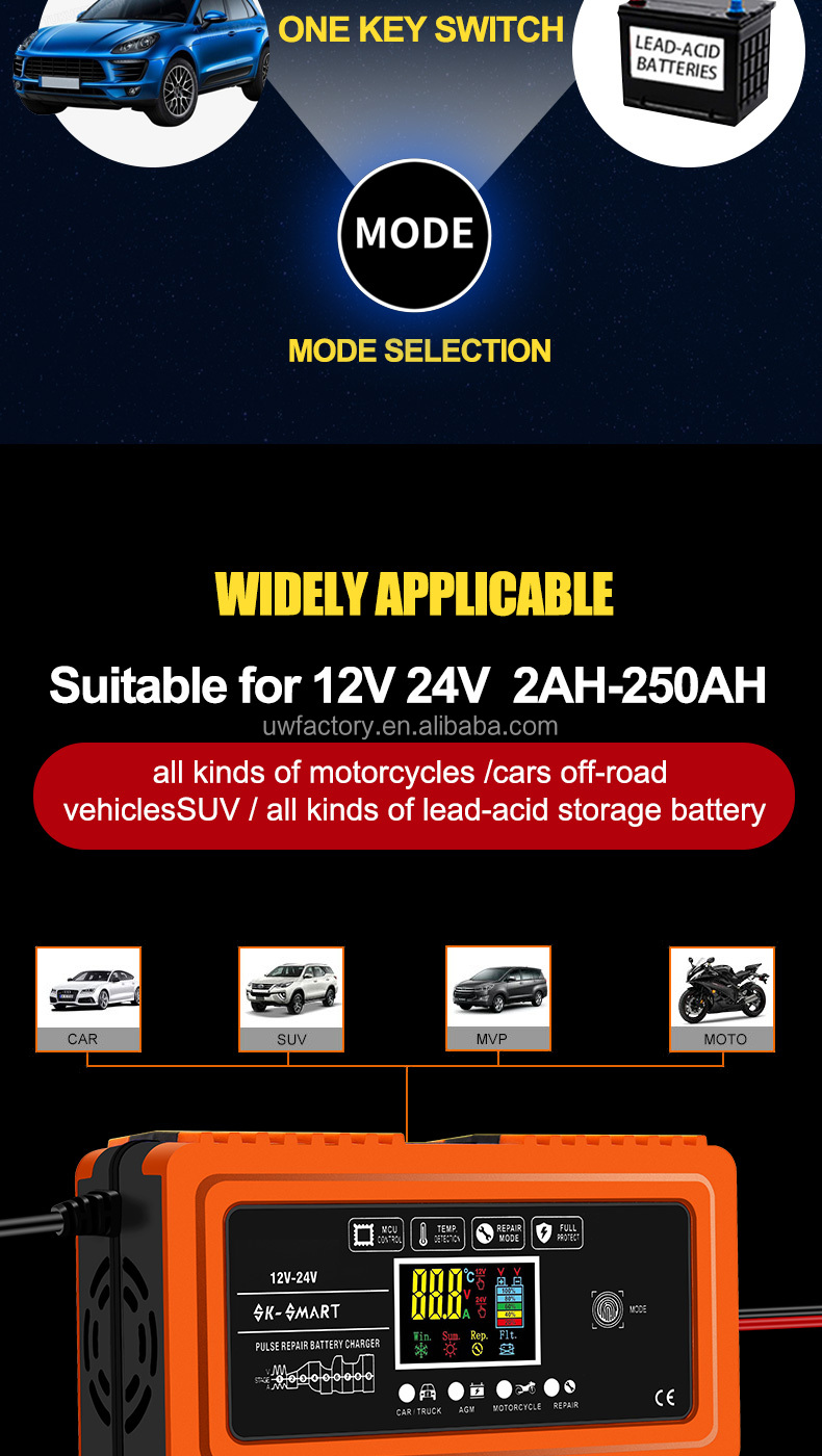 SCP 12V 24V 20A 24V 10A Automatic Lead Acid Battery Charger Auto Motorcycle Intelligent Repair Charger for E-bike Scooter