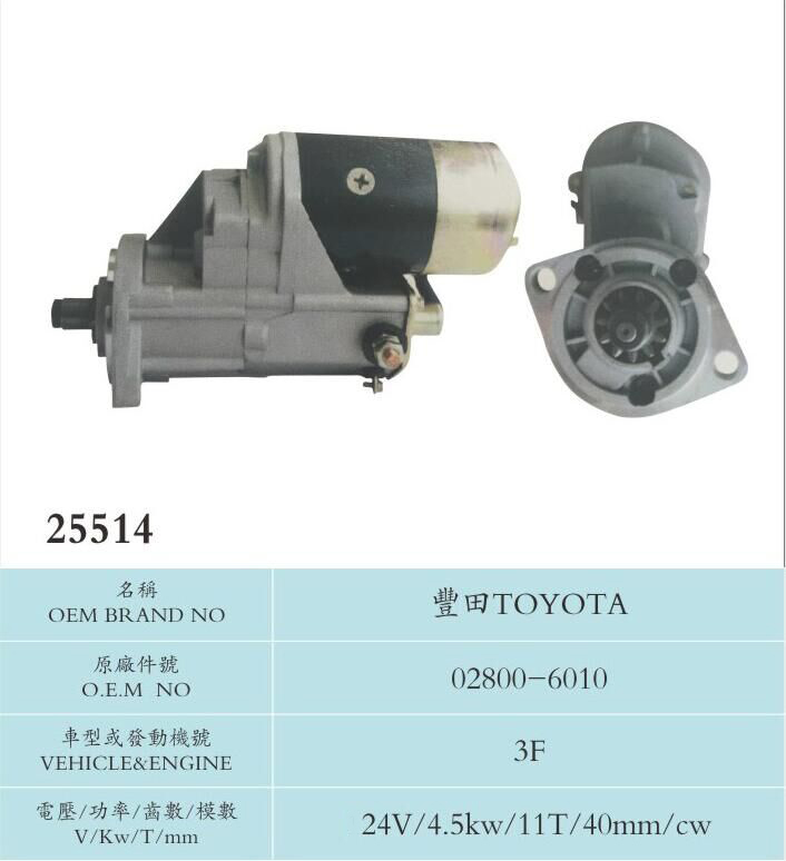 Car Accesory Toyota Auto Spare Engine Part Nippondenso Starter Motor 02800-6010 3F