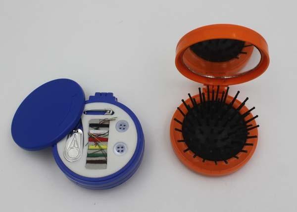 Round Plastic ABS + Rubber + Nylon Mini Sewing Kit / Compact Hair Brush With
