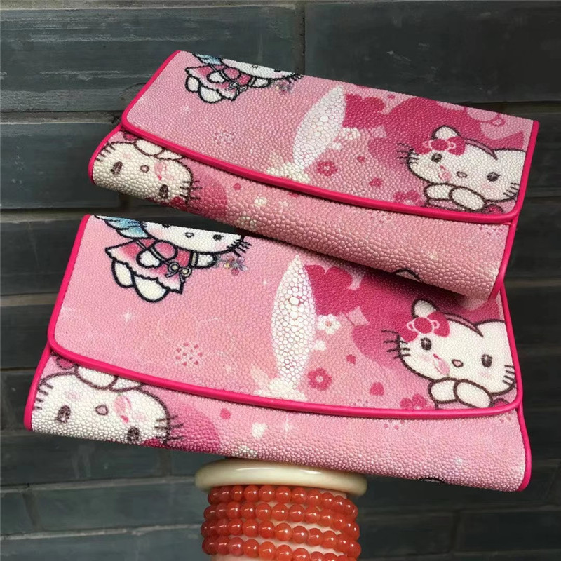Cute Authentic Stingray Skin Lady Long Kitty Cat Trifold Wallet Genuine Leather Female Clutch Card Bag Women Coin Purse