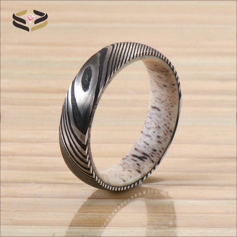 Etched Wedding Damascus Steel Rings 6mm 8mm With Deer Antler Sleeve Inlay