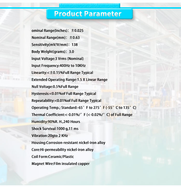 3.5mV/V/.001 Inch Sensitivity Industrial Grade Miniature High Temperature AC LVDT Sensor