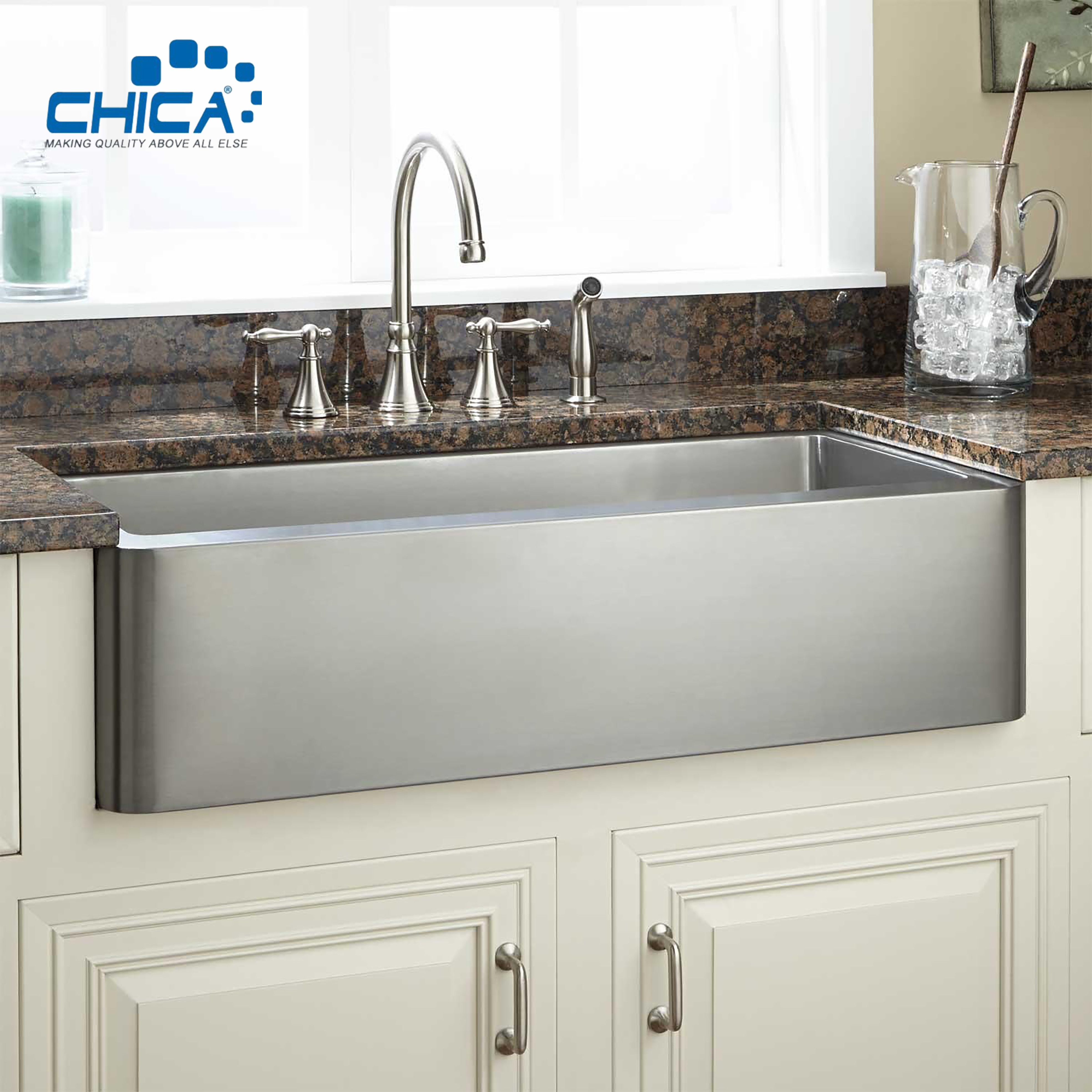 Stainless Steel SS304 Silver Color Handmade Apron Front Farmhouse Kitchen Sink