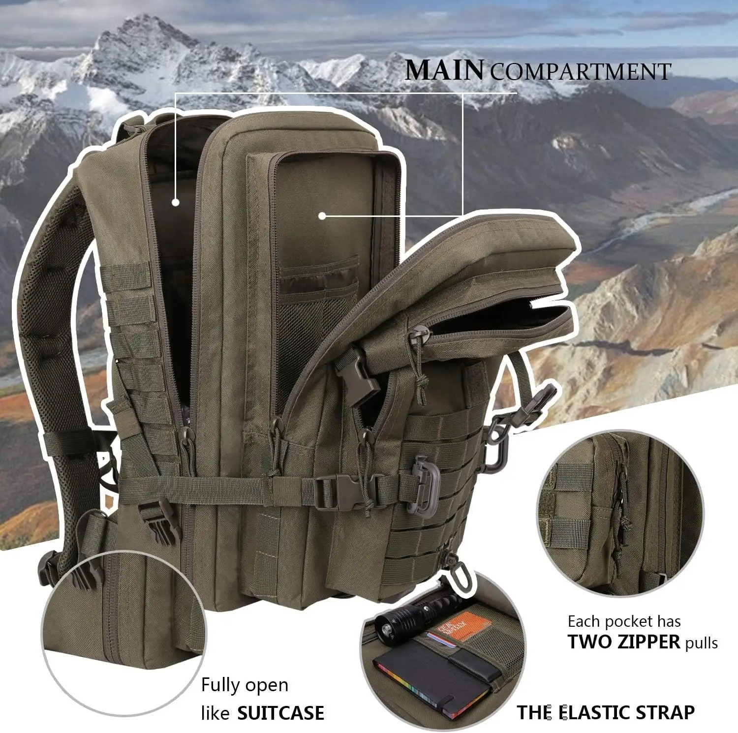 Mountaineering Hiking Tactical Bag Gym Sport Interior Zipper Pocket 600D Polyester Travel Storage Tactical Backpack