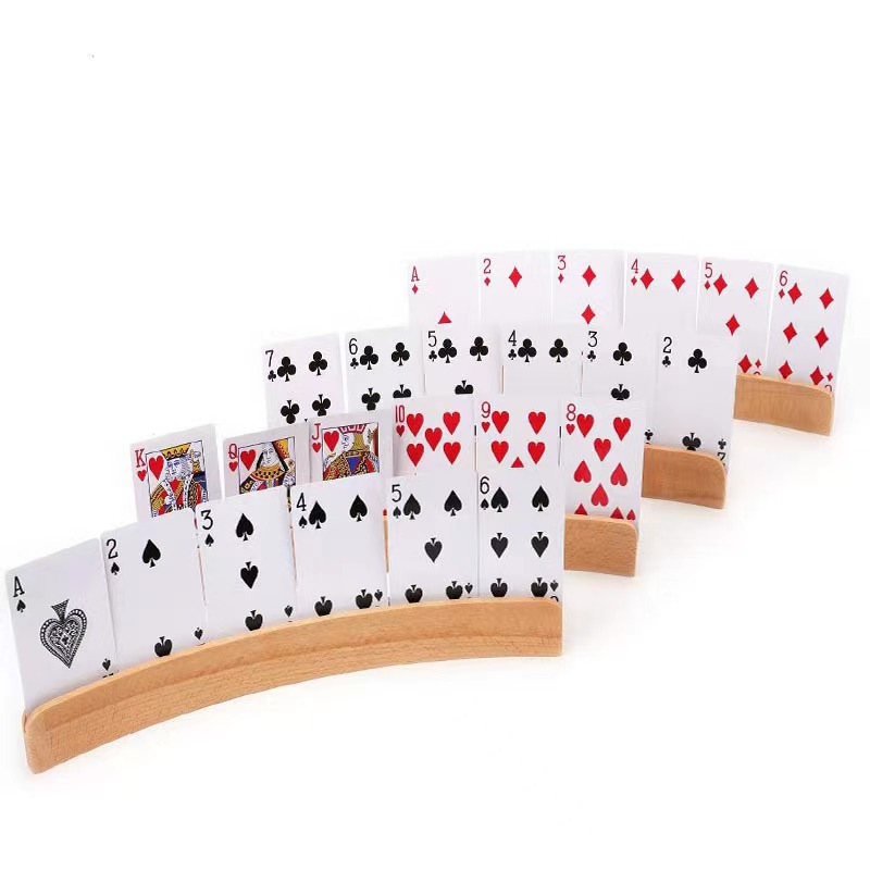 Wood Curved Playing Card Holder Racks Tray Set of 4 for Kids Seniors Adults - 13.4inch with Widen Base Stable Enough for for Bri