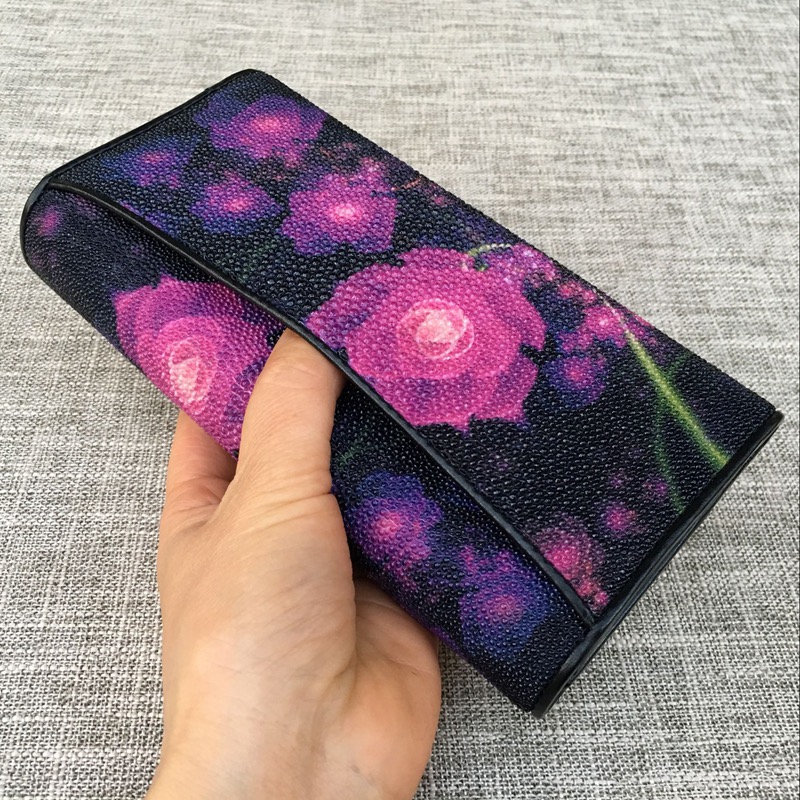 Thailand Authentic Stingray Skin Women's Large Wallet Genuine Leather Female Flower Clutch Purse Lady Card Holder