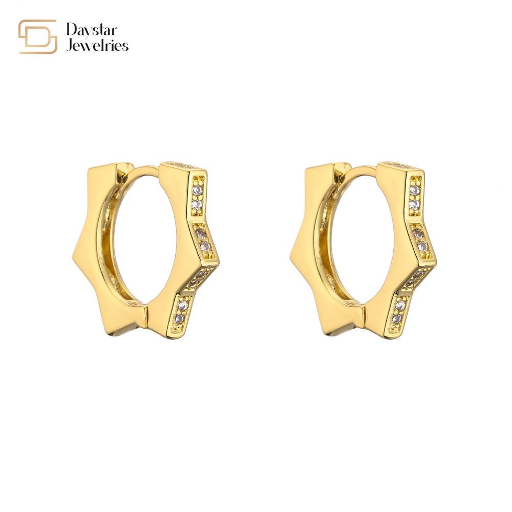 Geometric Brass 18k Gold Plated Hoop Earrings Diamond Zircon Huggie For Women
