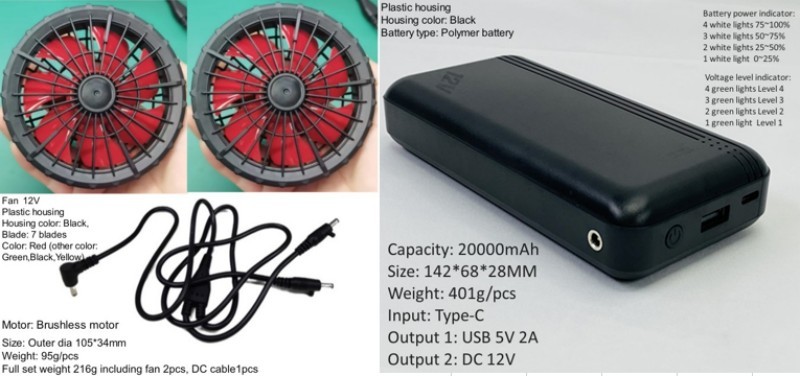 Air Conditioned Jacket Cooling Fan Battery 12v 20000mAh High Speed 10H Working Time