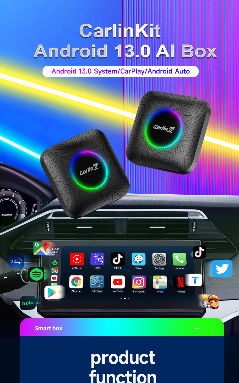 Multi Media CPC200-Tbox Ambient USB Ai Box Wireless Carplay Android 13.0 Adapter Compatible 2016-2022 with Built-in Wired Carplay Car