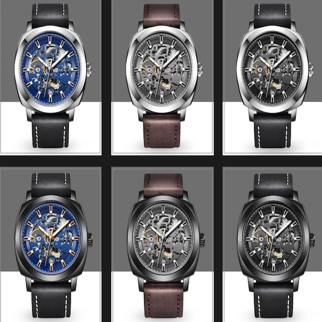 Skeleton Mechanical Waterproof Quartz Watch 45mm Dia Leather Strap Mens Watch
