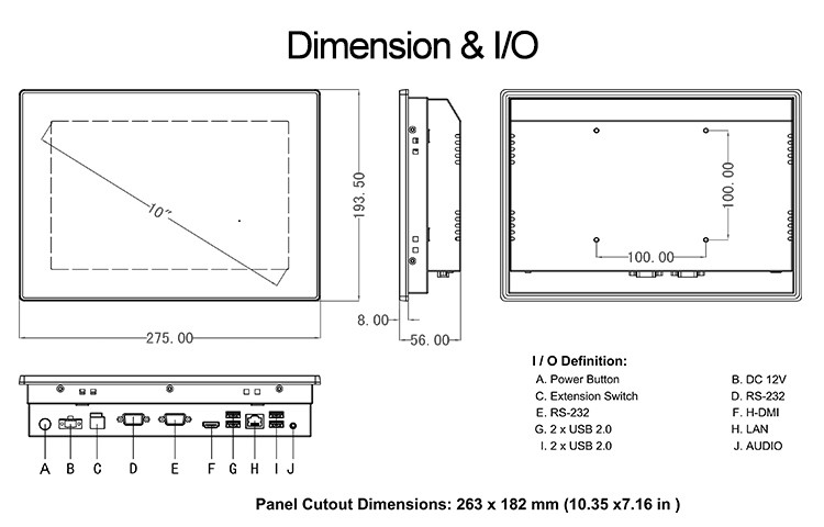 Desktop RK3288 2*RS232 Android Wall Mount Touch Screen 10" Size
