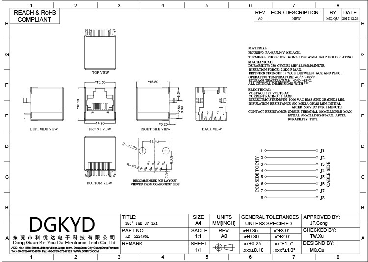 KRJ-5224WNL 8P8C RJ45 Connector Network Socket Without Light 180 Degree Straight Plug