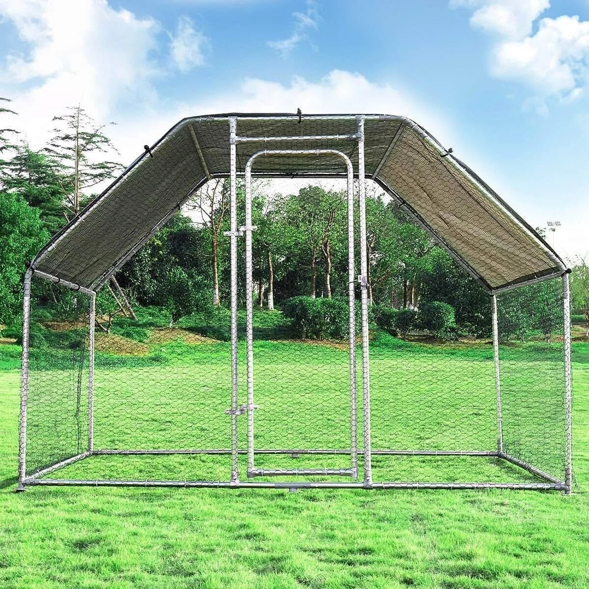 6.67' Chicken Coop Galvanized Metal Hen House Large Rabbit Hutch Poultry Cage Backyard with Cover Walk in Chicken Cage