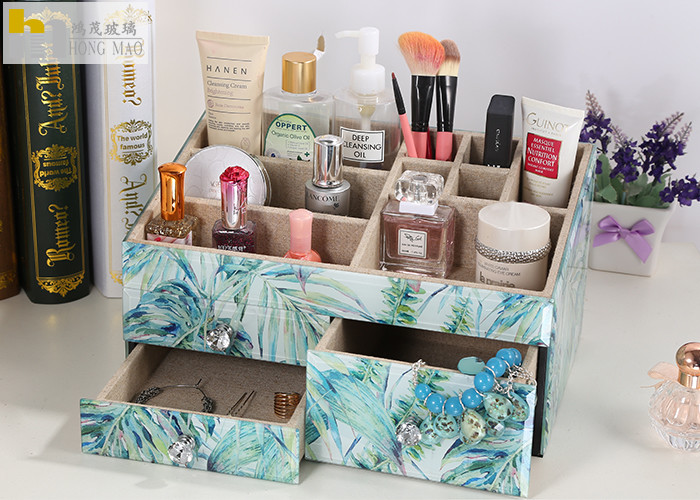 Square Desk Organiser Box / Glass Makeup Storage Box Tropical Rainforest Pattern