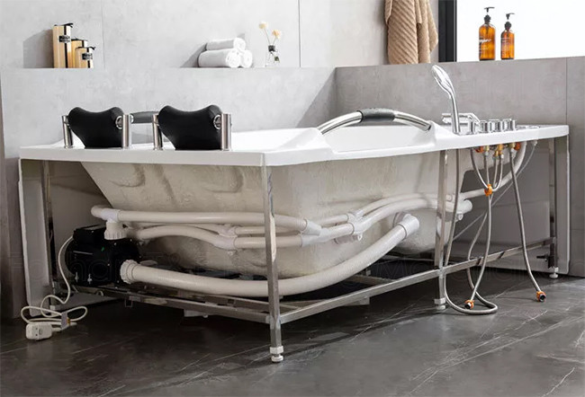Indoor White Acrylic Jacuzzi Corner Bathtub 2 Skirted Air Bubble