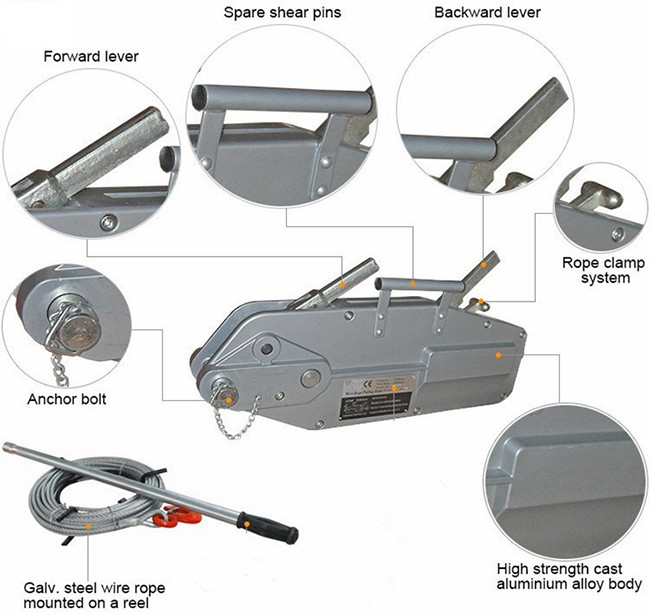 54kN Lifting Wire Rope Tirfor Aluminum Wire Rope Hand Winch