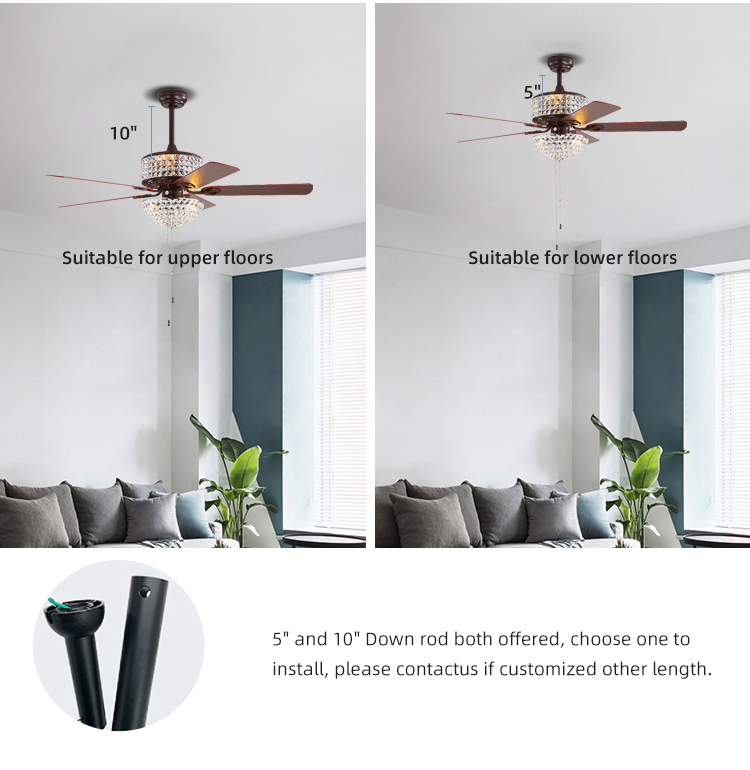 5 Blades 65W Dining Room Ceiling Fan Light Iron Blade Fan 52Inch
