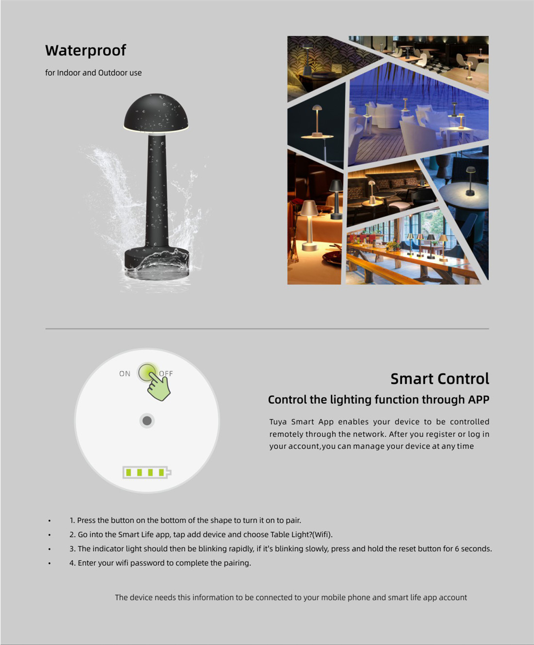 Wifi Smart Table Lamp, Modern Design App Control Waterproof Night Light for Living Rooms, Bedrooms and Camping
