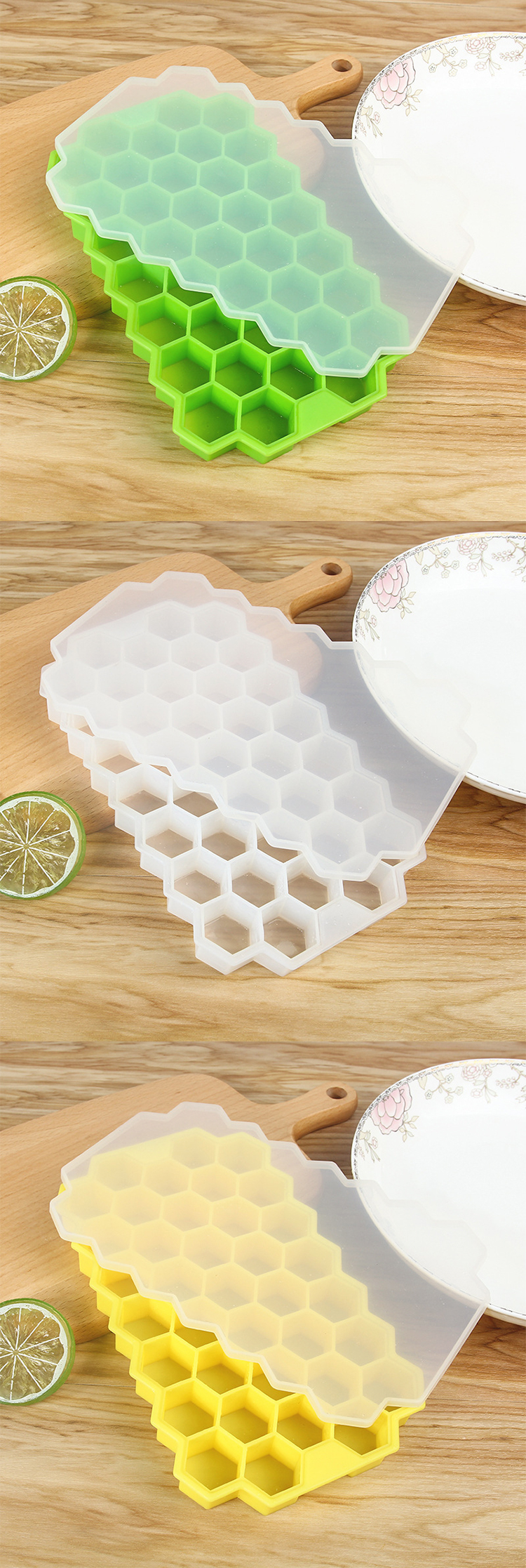 Hexagon Shape Silicone 37pcs Ice Cube Mold With Lid