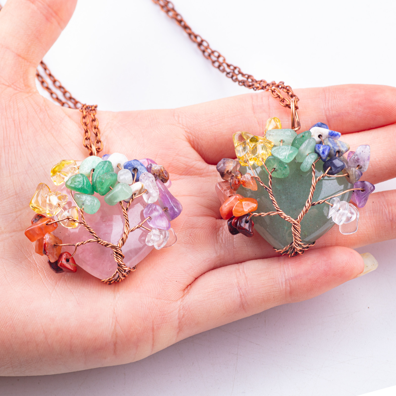 Rose Gold Healing Crystal Stone 7 Chakra Tree Of Life Pendant