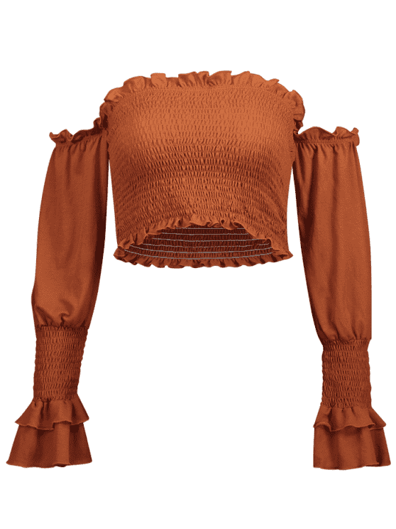 Off The Shoulder Ladies Ruffle Long Sleeve louses Shoulder Off Smocked Crop top for Women