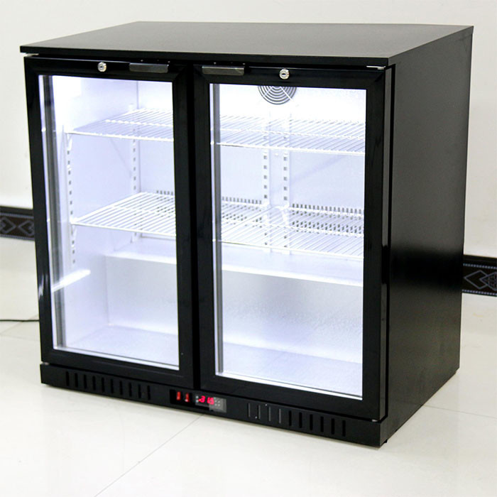 Double Glass Door Commercial Back Bar Cooler 208L 190W With Fan Cooling