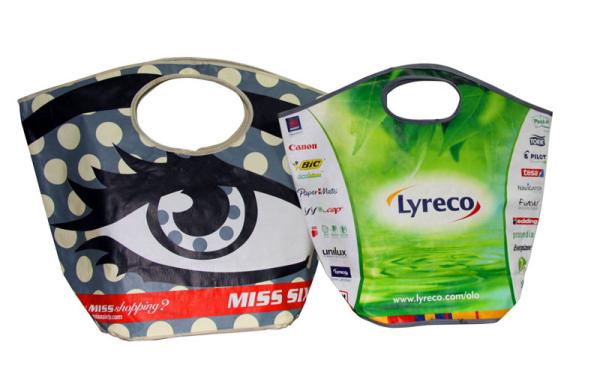 Handy PP woven shopping bag with round hole handle CMYK cyliner printing with