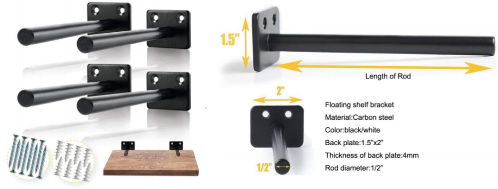 Solid Steel Powder Coating Rustproof Blind Shelf Support Floating Shelf Bracket 6" Steel Rod with 1/2 Diameter